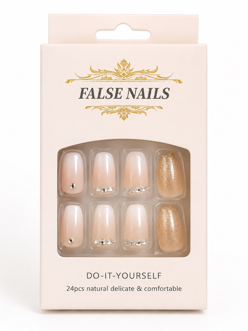 Nude Gold Glitter Press On Nails Rhinestone False Nails 24pc New